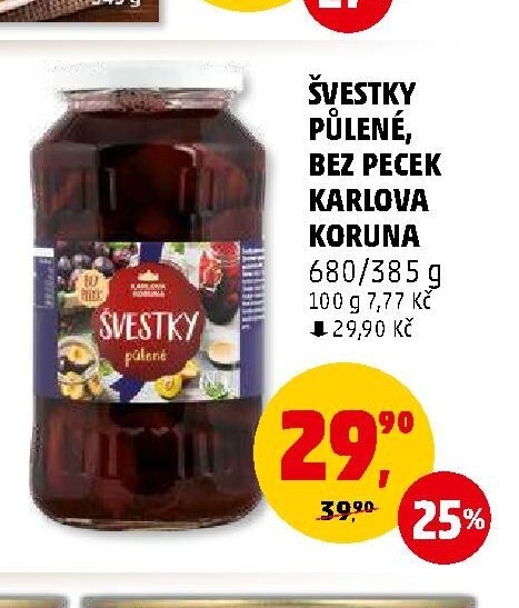 Švestky půlené, bez pecek Karlova Koruna 680/385 g