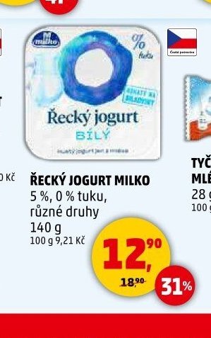 Řecký jogurt Milko 5 %, 0 % tuku, různé druhy 140 g