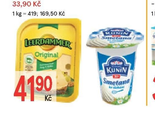 Sýr Leerdammer plátky 100 g / Smetana ke šlehání Kunín 31% 200 g