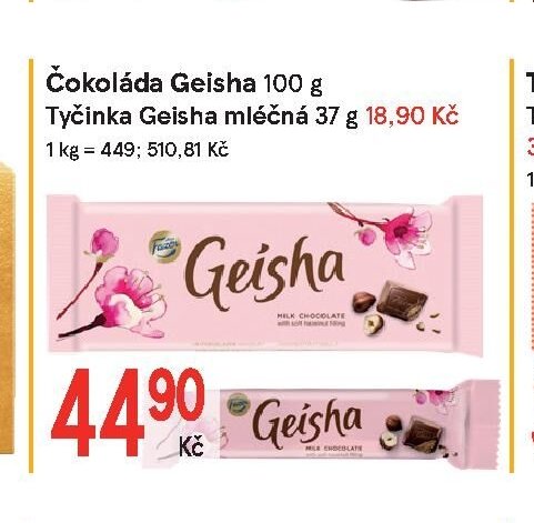 Čokoláda Geisha 100 g, Tyčinka Geisha mléčná 37 g