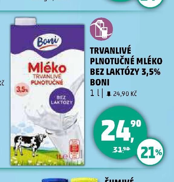 TRVANLIVÉ PLNOTUČNÉ MLÉKO BEZ LAKTÓZY 3,5% BONI
