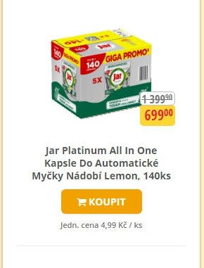 Jar Platinum All In One Kapsle Do Automatické Myčky Nádobí Lemon, 140ks