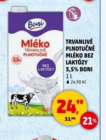 TRVANLIVÉ PLNOTUČNÉ MLÉKO BEZ LAKTÓZY 3,5% BONI