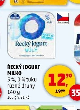 ŘECKÝ JOGURT MILKO 5 %, 0 % tuku různé druhy 140 g