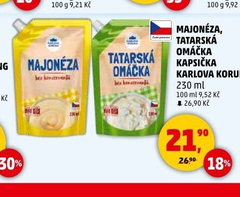 MAJONÉZA, TATARSKÁ OMÁČKA KAPSIČKA KARLOVA KORUNA 230 ml