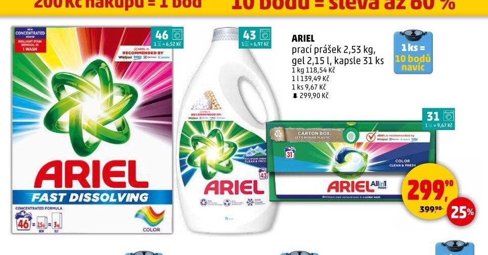 ARIEL prací prášek 2,53 kg, gel 2,15 l, kapsle 31 ks