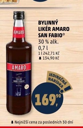 BYLINNÝ LIKÉR AMARO SAN FABIO 30 % alk. 0,7 l