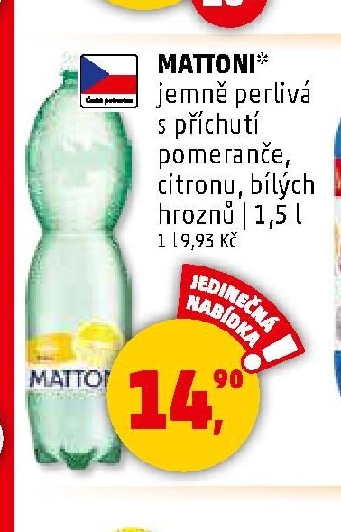 MATTONI* jemně perlivá s příchutí pomeranče, citronu, bílých hroznů 1,5 l