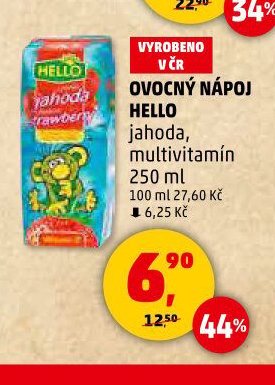 Ovocný nápoj Hello jahoda, multivitamin 250 ml
