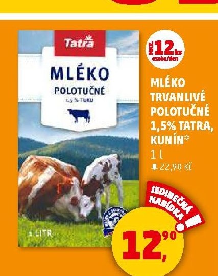Mléko trvanlivé polotučné 1,5% Tatra, Kunín