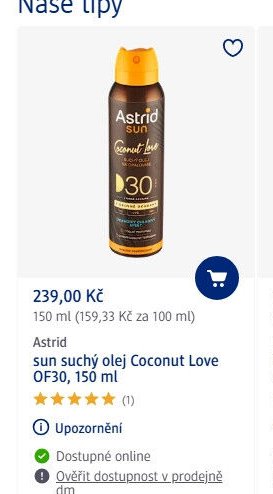 Astrid sun suchý olej Coconut Love OF30, 150 ml