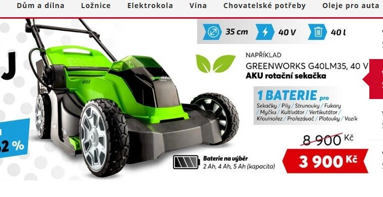 GREENWORKS G40LM35, 40 V AKU rotační sekačka