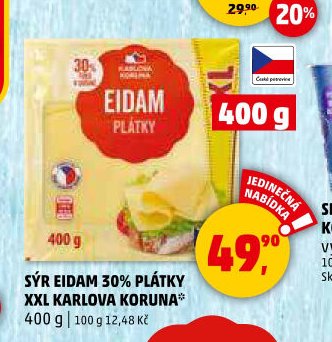 SÝR EIDAM 30% PLÁTKY XXL KARLOVA KORUNA 400 g