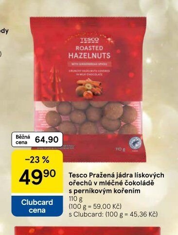 Tesco Pražená jádra lískových ořechů v mléčné čokoládě s perníkovým kořením 110 g