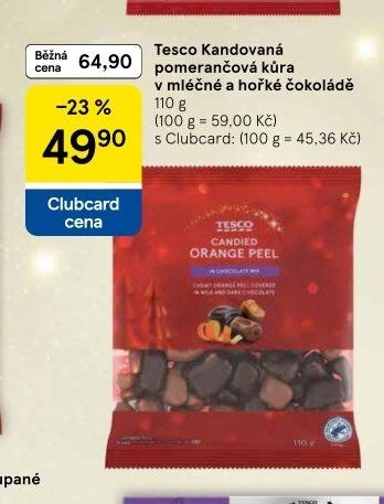 Tesco Kandovaná pomerančová kůra v mléčné a hořké čokoládě 110 g