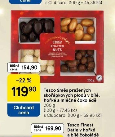Tesco Směs pražených skořápkových plodů v bílé, hořké a mléčné čokoládě 200 g