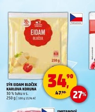 SÝR EIDAM BLOČEK KARLOVA KORUNA 30 % tuku v s. 250 g