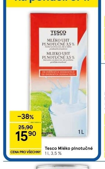 Tesco Mléko plnotučné 1 l, 3,5 %