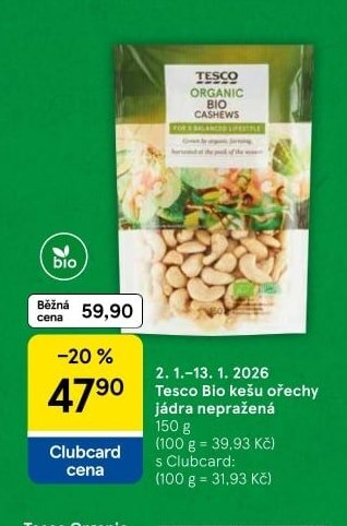 Tesco Bio kešu ořechy jádra nepražená 150 g