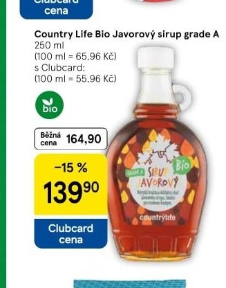 Country Life Bio Javorový sirup grade A 250 ml