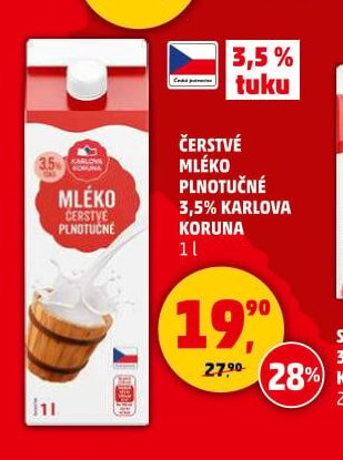 ČERSTVÉ MLÉKO PLOTUČNÉ 3,5% KARLOVA KORUNA 1 l