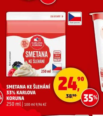 SMETANA KE ŠLEHÁNÍ 33% KARLOVA KORUNA 250 ml
