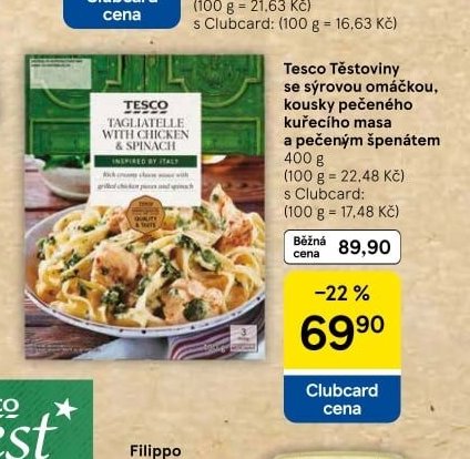 Tesco Těstoviny se sýrovou omáčkou, kousky pečeného kuřecího masa a pečeným špenátem 400 g
