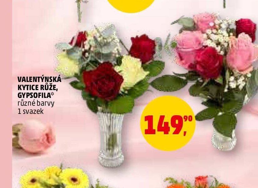 Valentýnská kytice růže, gypsofila