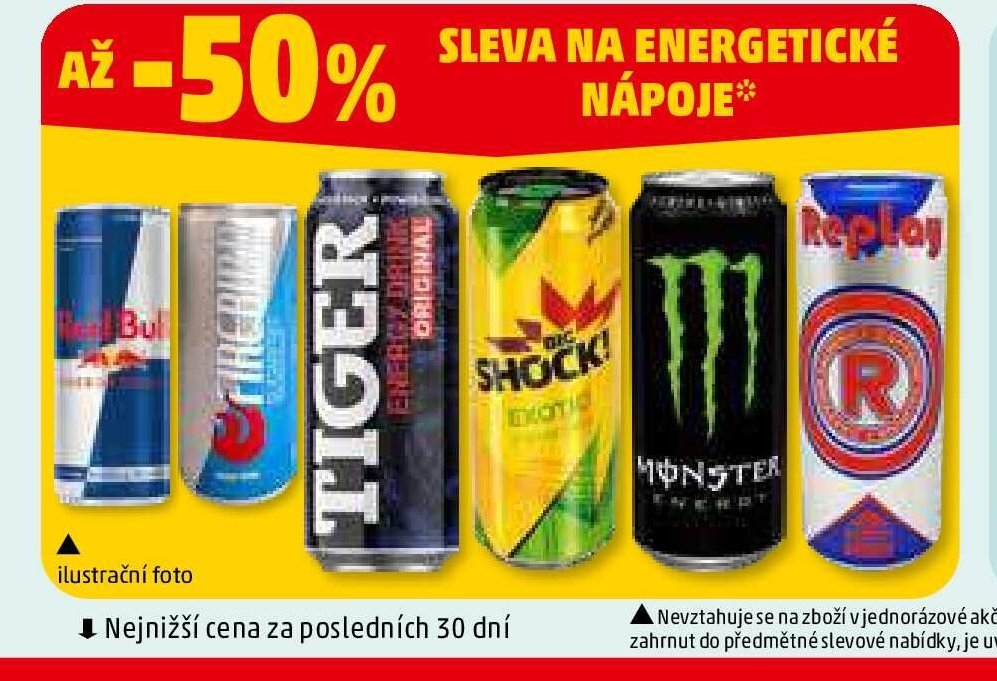 Energetické nápoje (Red Bull, Tiger, Shock, Monster, Replay)