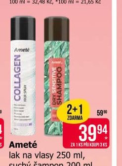 Ameté lak na vlasy 250 ml, suchý šampon 200 ml, různé druhy