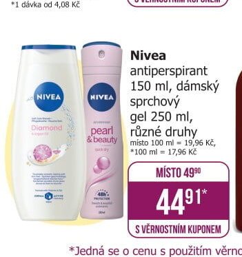 Nivea antiperspirant 150 ml, dámský sprchový gel 250 ml, různé druhy