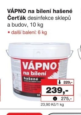 VÁPNO na bílení hašené Čerťák desinfekce sklepů a budov, 10 kg