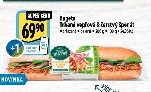 Bageta Trhané vepřové & čerstvý špenát