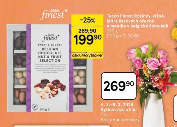 Tesco Finest Rozinky, višně, jádra lískových ořechů a mandle v belgické čokoládě