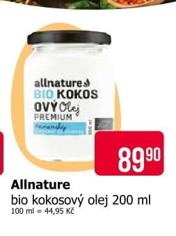 Allnature bio kokosový olej 200 ml