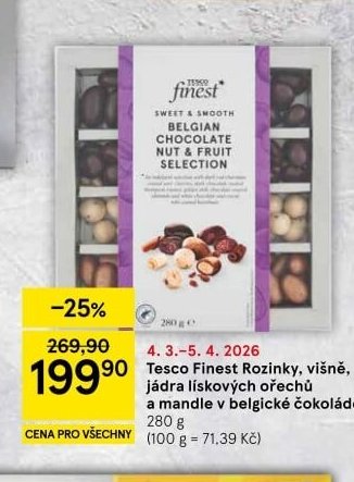 Tesco Finest Rozinky, višně, jádra lískových ořechů a mandle v belgické čokoládě 280 g