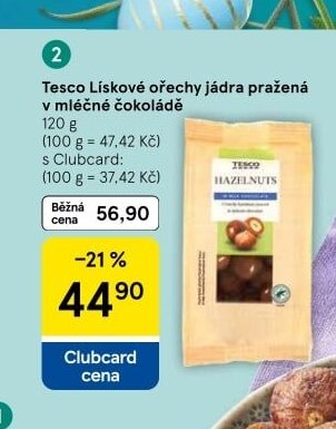 Tesco Lískové ořechy jádra pražená v mléčné čokoládě 120 g