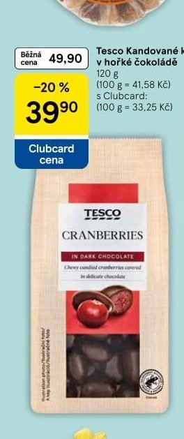 Tesco Kandované klikvy v hořké čokoládě 120 g