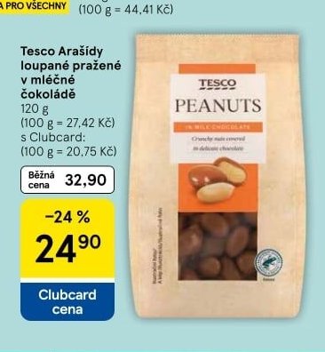 Tesco Arašídy loupané pražené v mléčné čokoládě 120 g