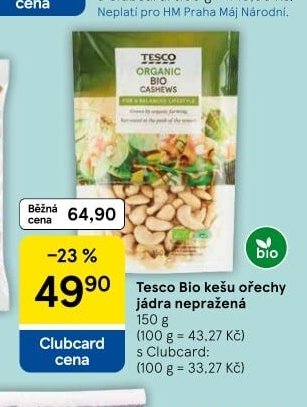 Tesco Bio kešu ořechy jádra nepražená 150 g