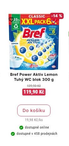 Bref Power Aktiv Lemon Tuhý WC blok 300 g