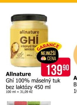 Allnature Ghí 100% máselný tuk bez laktózy 450 ml