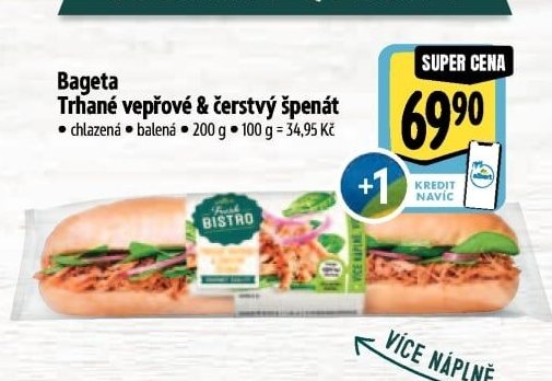 Bageta Trhané vepřové & čerstvý špenát