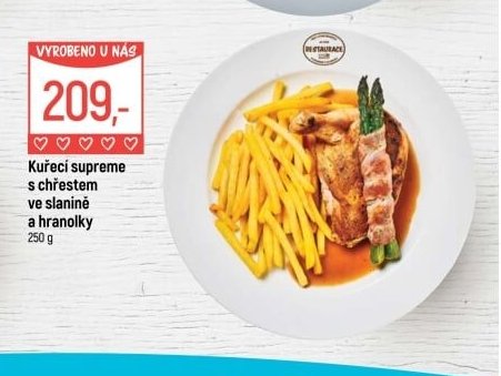 Kuřecí supreme s chřestem ve slanině a hranolky