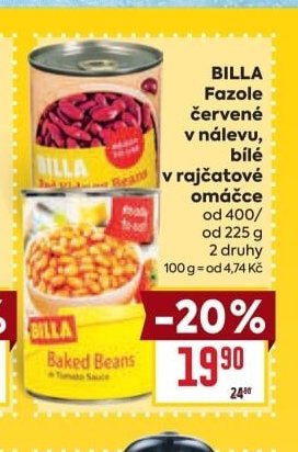 BILLA Fazole červené v nálevu, bílé v rajčatové omáčce