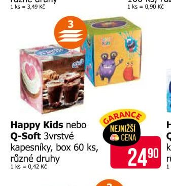 Happy Kids nebo Q-Soft 3vrstvé kapesníky, box 60 ks, různé druhy
