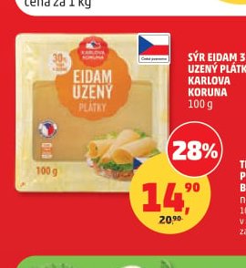 Sýr eidam 30% uzený plátky Karlova Koruna