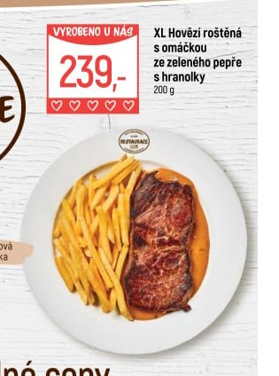XL Hovězí roštěná s omáčkou ze zeleného pepře s hranolky