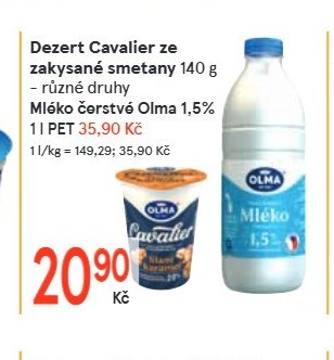 Dezert Cavalier ze zakysané smetany 140 g – různé druhy / Mléko čerstvé Olma 1,5% 1l PET
