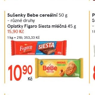 Sušenky Bebe cereální 50 g, Oplatky Figaro Siesta mléčná 45 g
